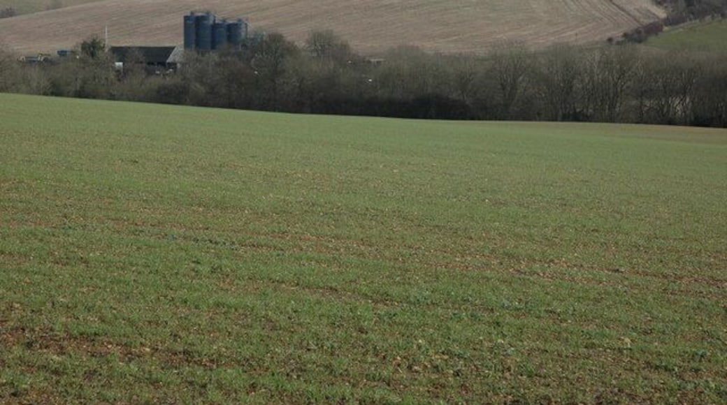Farmland near Coberley Farmland around Slack's Barn, which can be seen to the left of centre.