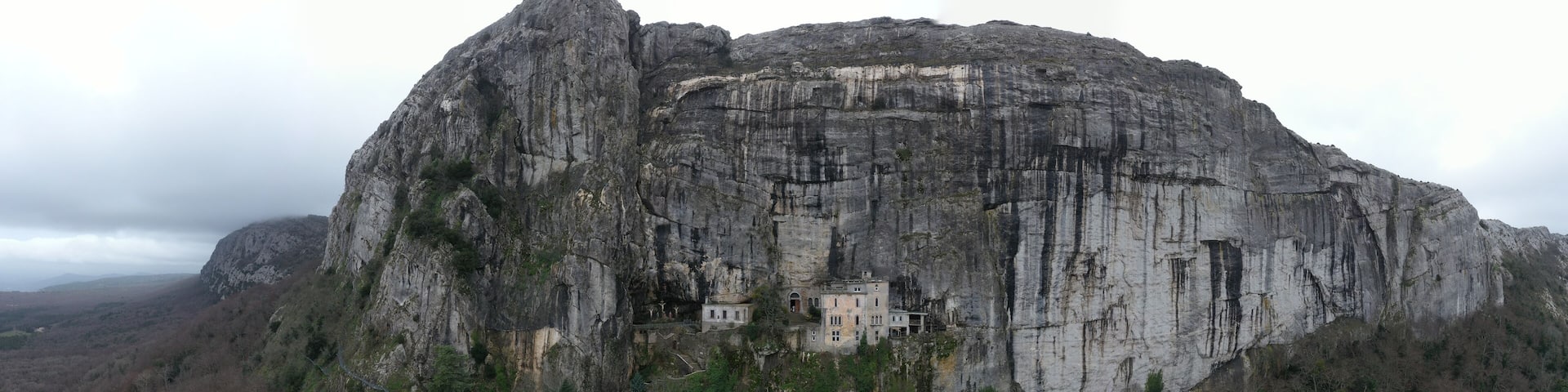 Aerial view of the Grotto of Maria Magdalena in France, Plan D'Aups, the massif St.Baum, holy fragrance, famous place among religious believers, the Monastery of Dominican Friars