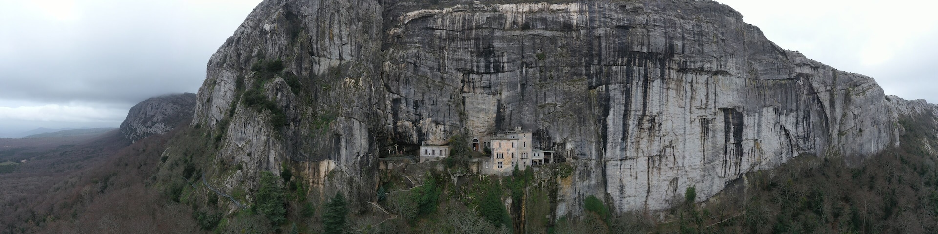 Aerial view of the Grotto of Maria Magdalena in France, Plan D'Aups, the massif St.Baum, holy fragrance, famous place among religious believers, the Monastery of Dominican Friars