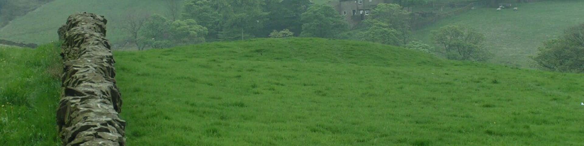 Bowl barrow, Ginclough Looking southwest from the footpath. See http://www.magic.gov.uk/rsm/22568.pdf for more information. The farm in the background is Slack-o'th'-Moor.