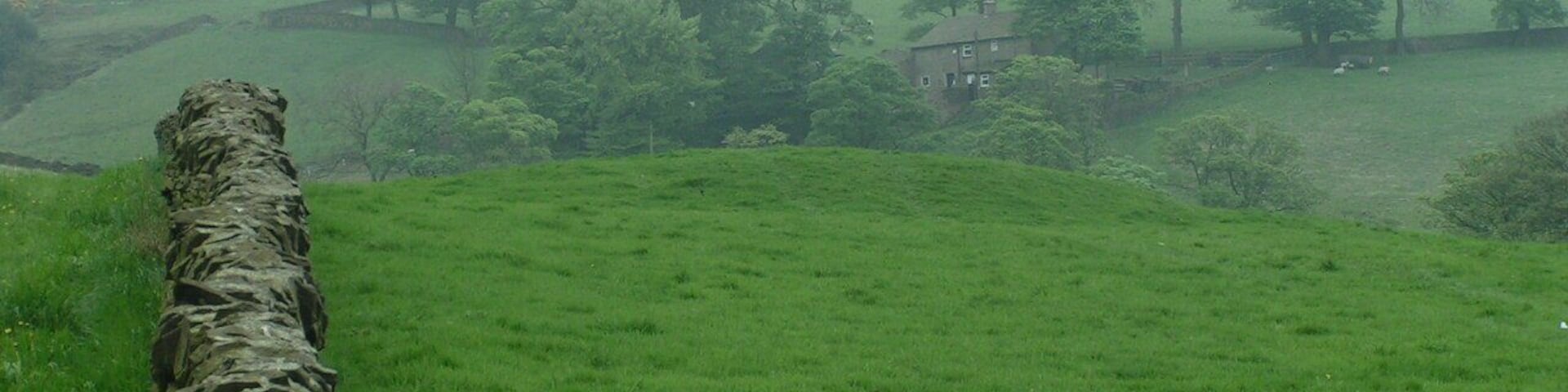 Bowl barrow, Ginclough Looking southwest from the footpath. See http://www.magic.gov.uk/rsm/22568.pdf for more information. The farm in the background is Slack-o'th'-Moor.