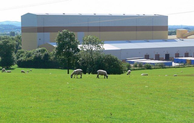 A large industrial building with a green field and grazing sheep.