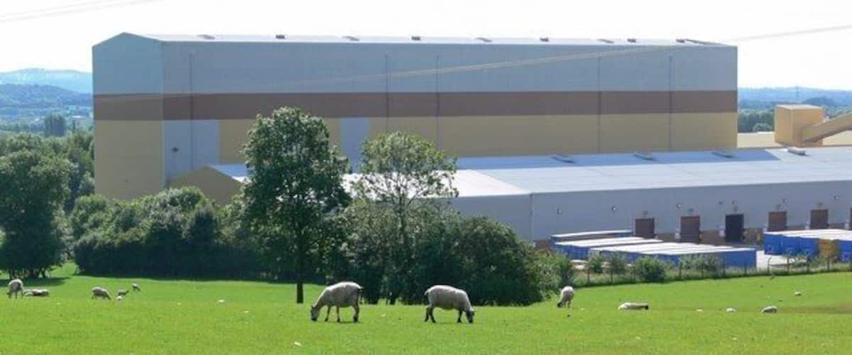 A large industrial building with a green field and grazing sheep.