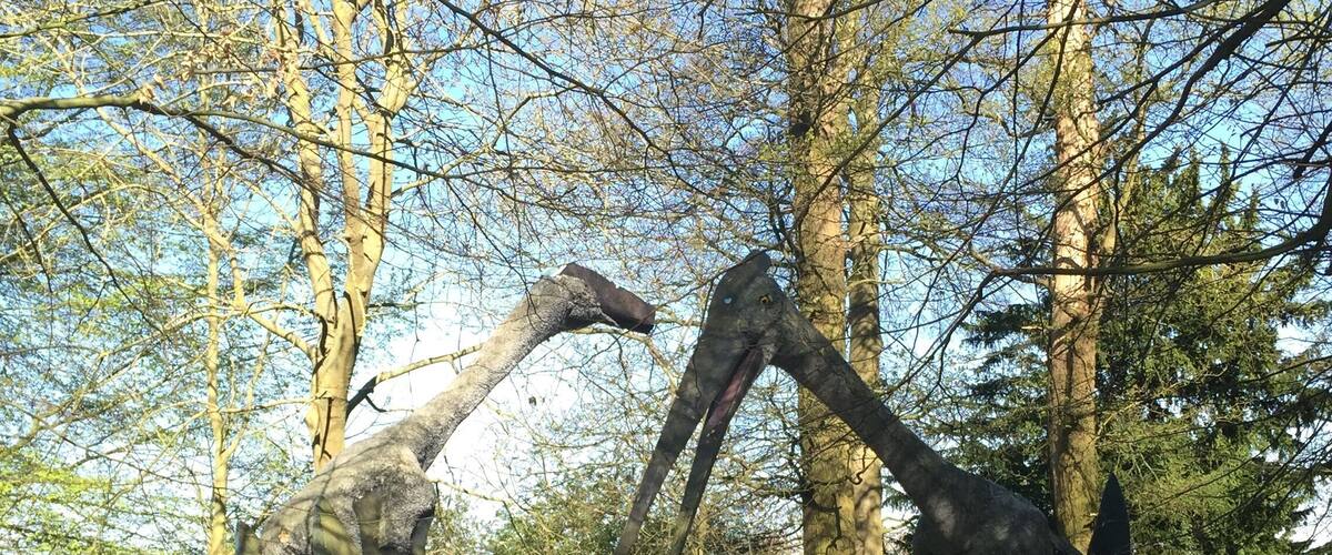 Two dinosaur statues in a forested area.