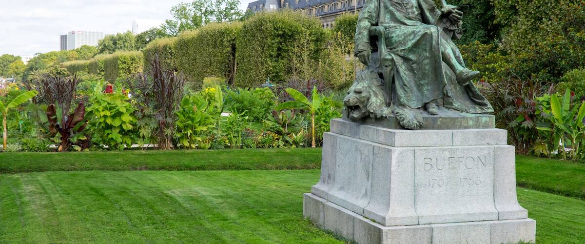 A statue of a man with a lion in a park with green grass and trees.