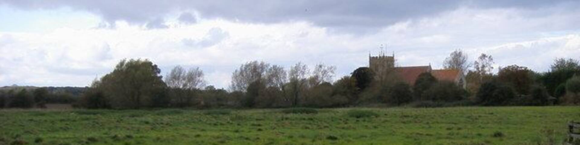 Chalgrove, Oxfordshire: view from Berrick road across fields to St Mary the Virgin parish church