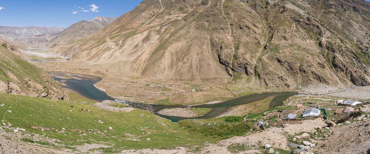 Rural mountain landscape view of Kaghan valley with Kunhar river, Balakot, Mansehra, Khyber Pakhtunkhwa, Pakistan