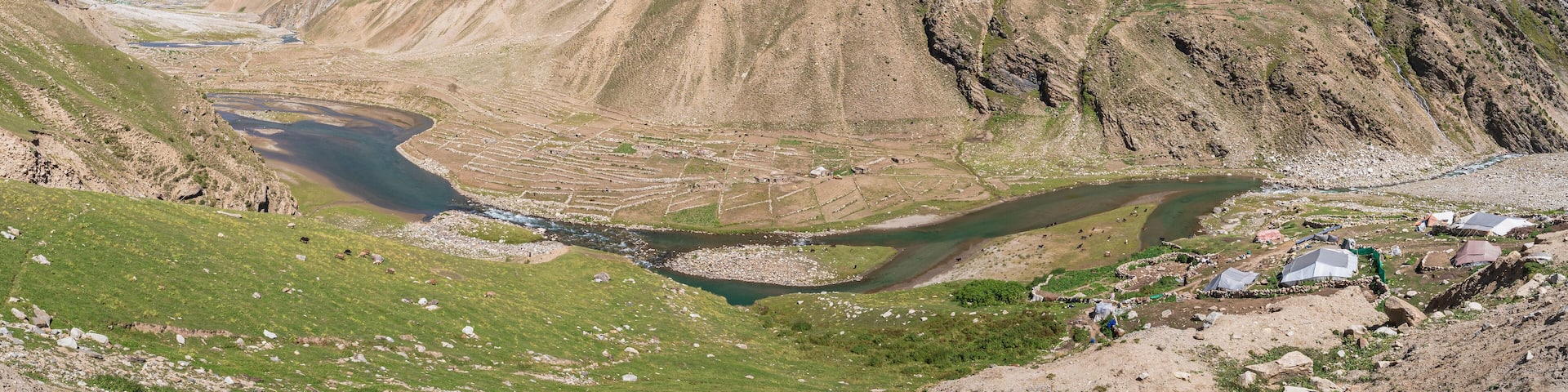Rural mountain landscape view of Kaghan valley with Kunhar river, Balakot, Mansehra, Khyber Pakhtunkhwa, Pakistan