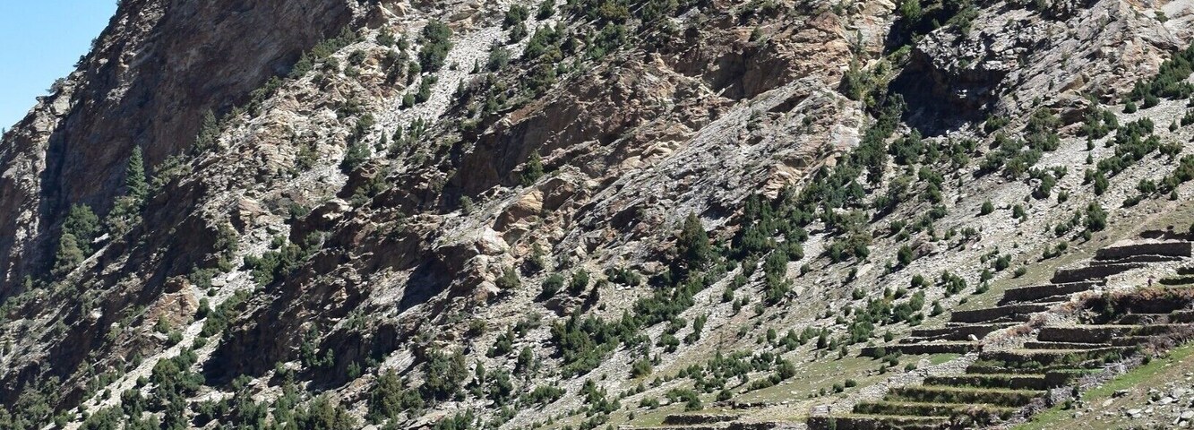 Generations of terraces on steep mountainsides.