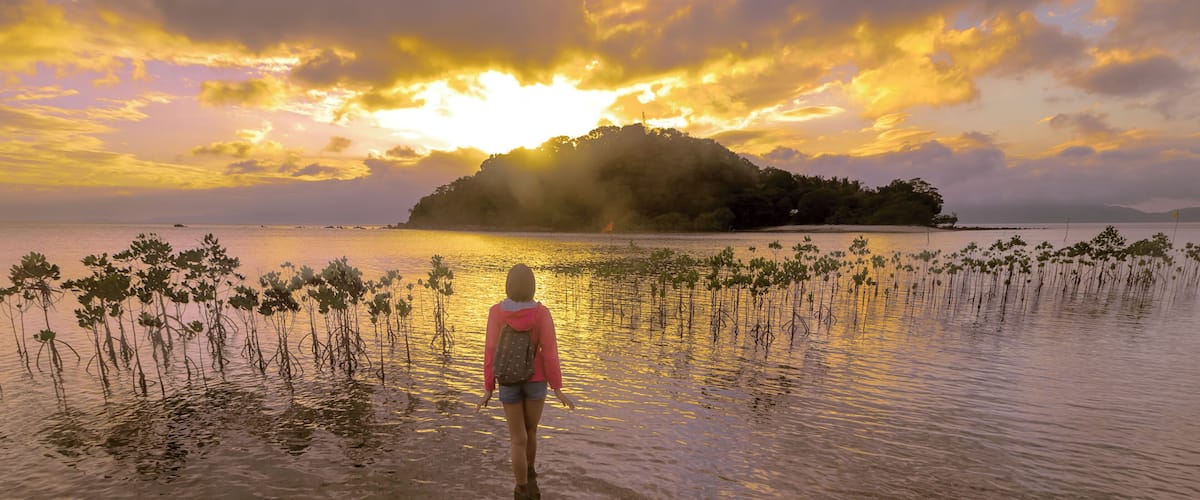 A person standing in shallow water with a sunset in the background.