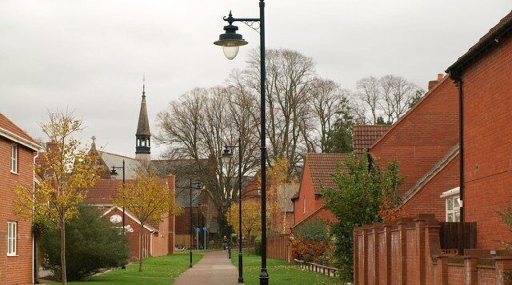 Path at Cotford St Luke At the end on the left is the chapel of St Luke, which gives the development its name, and which is the main structure remaining from Tone Vale Hospital. "1897-98 by Giles, Gough & Trollope who also designed the hospital" http://www.imagesofengland.org.uk/Details/Default.aspx?id=361629&mode=adv , and distinguished by a flèche. Seen from Graham Way.