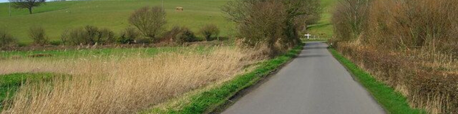 Un camino rural estrecho bordeado por campos y algunos árboles bajo un cielo parcialmente nublado.