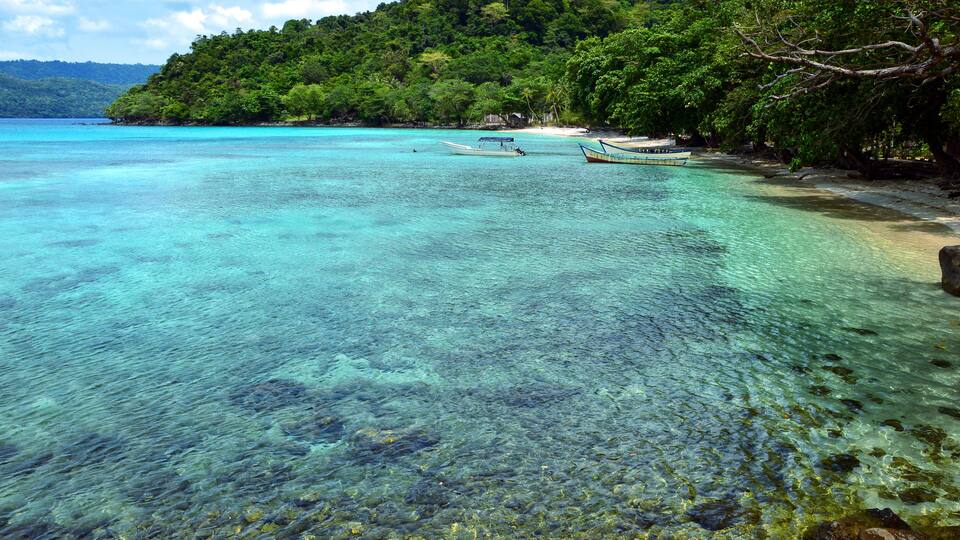 A clear turquoise sea, a sandy beach, and a lush green hill with boats in the water.