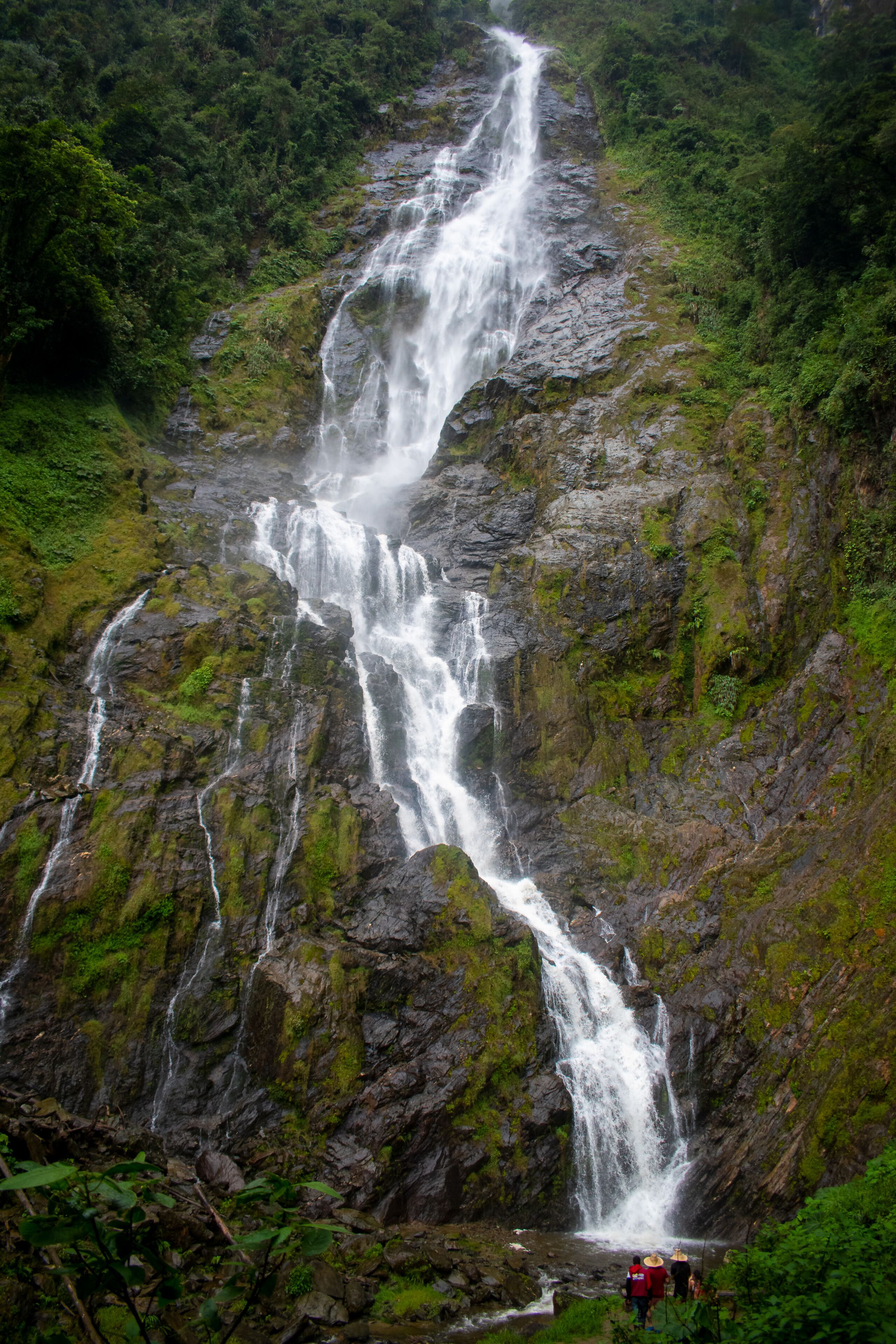A multi-tiered waterfall cascading down a rocky cliff surrounded by lush greenery.