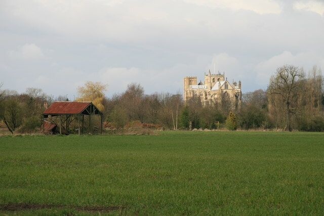 Barn at Fisher Green Ripon Cathedral as seen from close to where the River Skell joins the Ure.