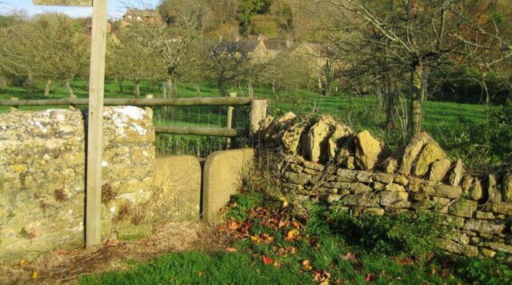Squeeze stile - Chiselborough This stile is located in Church Lane at the start of a footpath. Over the fence is an old apple orchard and beyond that the houses in North Lane are visible below Chiselborough Hill.