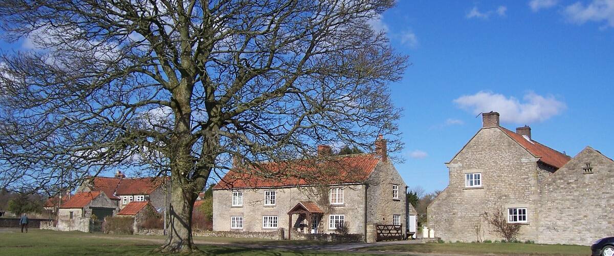 A stone building with a red roof, surrounded by a grassy area and a large leafless tree.