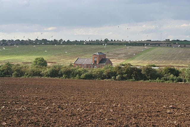 A rural landscape with a farm building, fields, and grazing sheep.