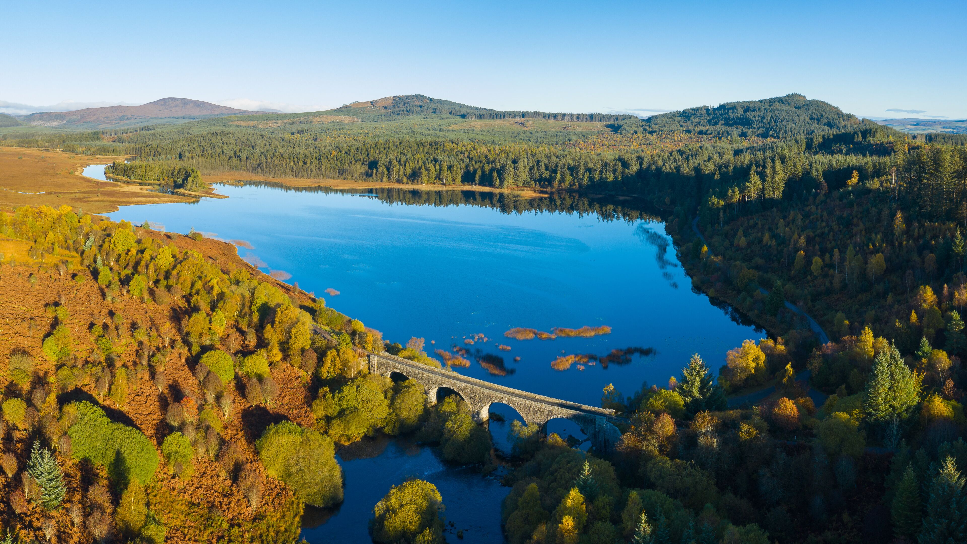 Aerial view of Stroan Loch in autumn, Galloway Forest, Dumfries & Galloway, Scotland