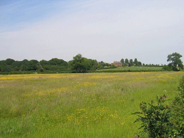 Oxhill Covert and Church Farm. The view seen across the pastures from beside the Oxhill - Whatcote road.