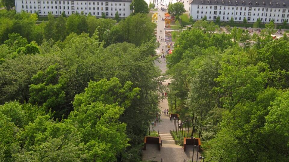 A town with a central square surrounded by lush green trees and a large white building with a clock tower.