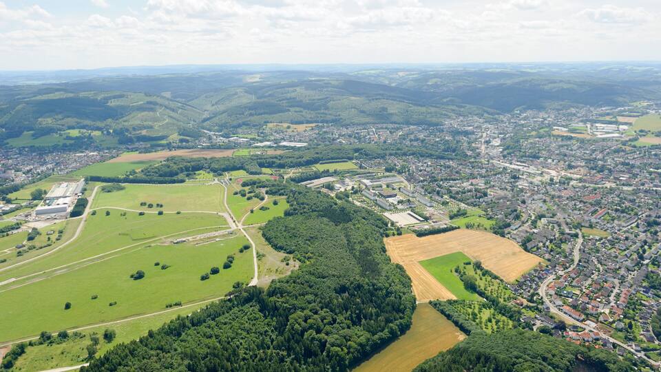 An aerial view of a town surrounded by green fields, a large forest, and distant hills.