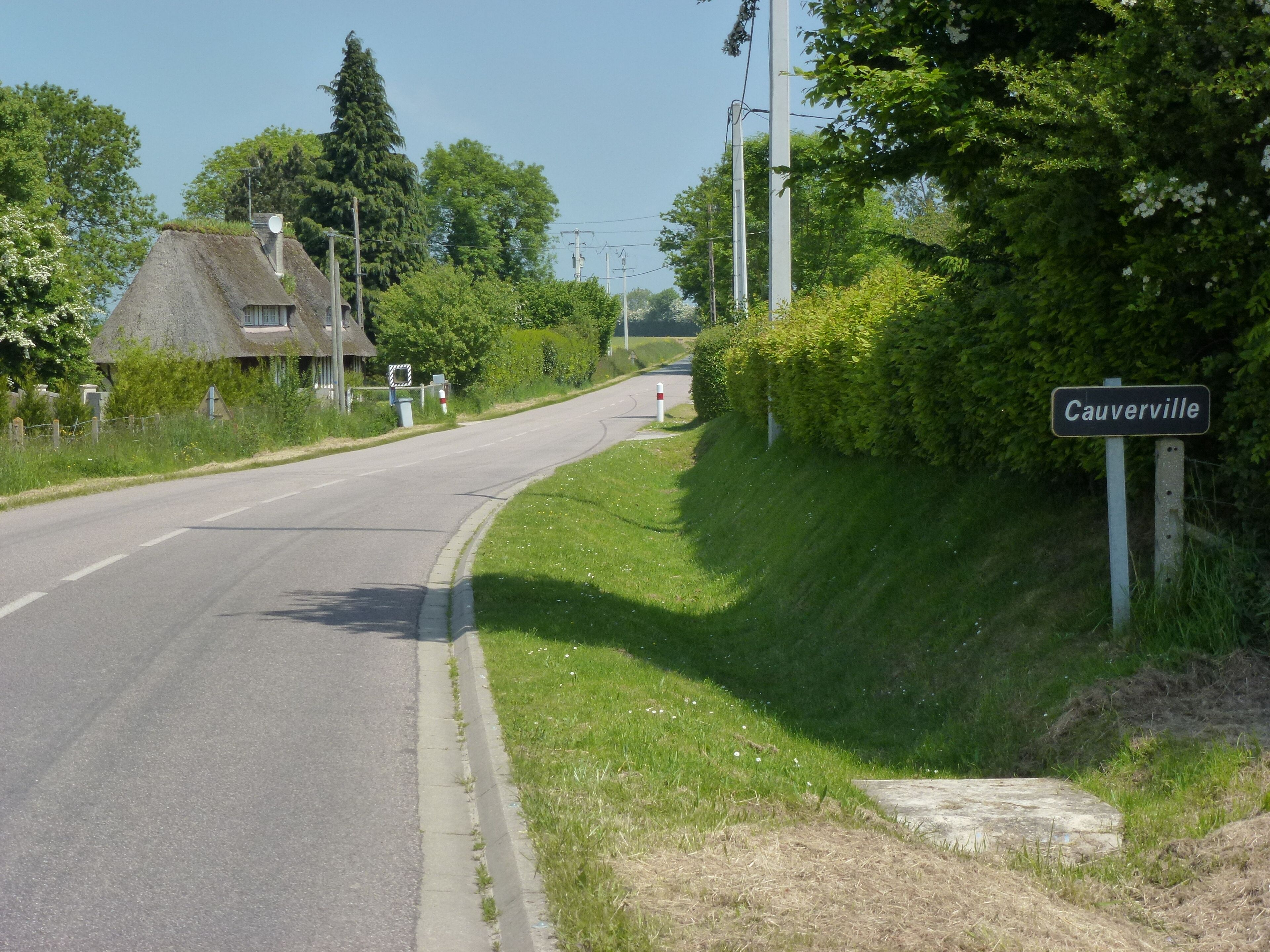 A rural road with a sign for Cauerville, surrounded by greenery and a thatched-roof house.