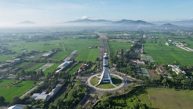 Aerial view of The extraordinary and beautiful building of the Mataram City metro monument. Lombok, Indonesia, March 22, 2022