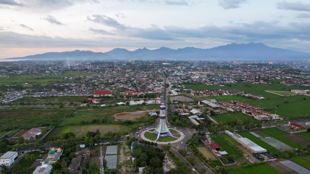 Aerial view of The extraordinary and beautiful building of the Mataram City metro monument. Lombok, Indonesia, March 22, 2022