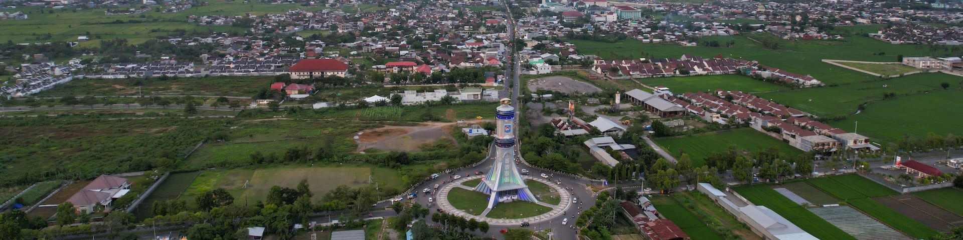 Aerial view of The extraordinary and beautiful building of the Mataram City metro monument. Lombok, Indonesia, March 22, 2022