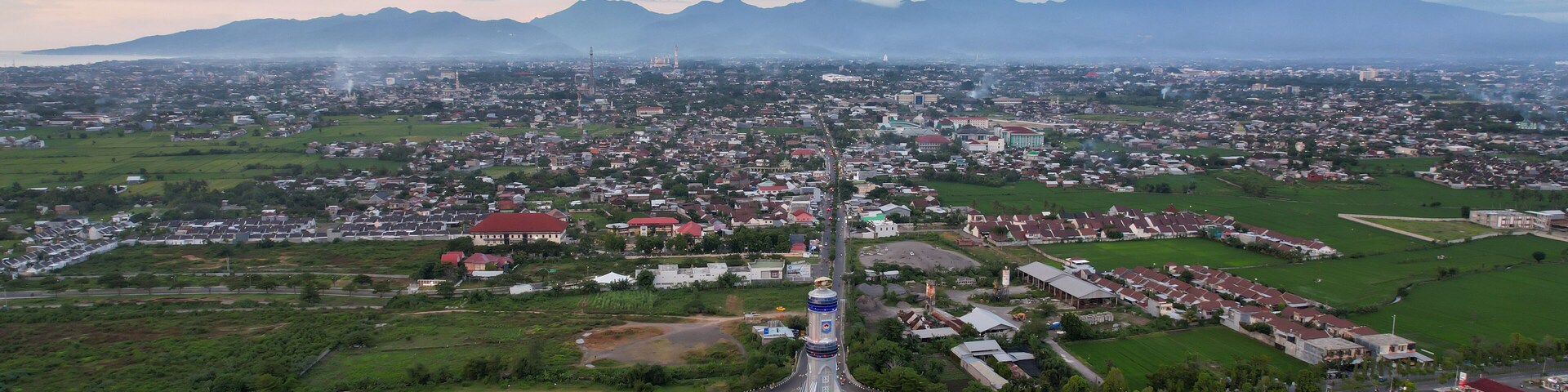 Aerial view of The extraordinary and beautiful building of the Mataram City metro monument. Lombok, Indonesia, March 22, 2022