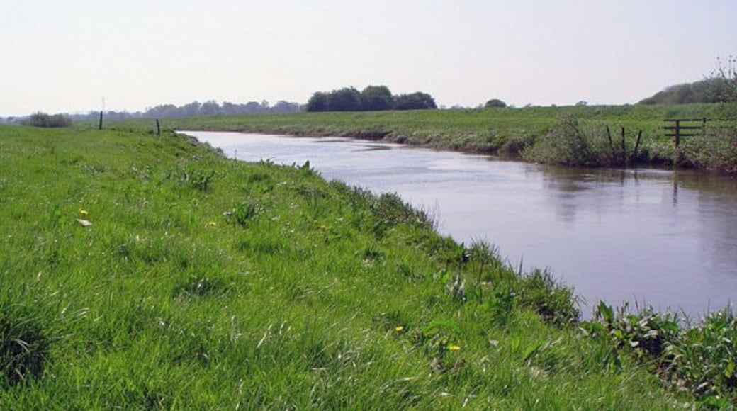 River Derwent near Gunby, East Riding of Yorkshire, England. The river flows towards Gunby Ings, and away from the photographer. Footpaths run along this eastern side of the river at least as far as Bubwith, and with a junction taking you onto the Bubwith Rail Trail.