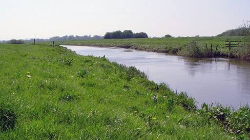 River Derwent near Gunby, East Riding of Yorkshire, England. The river flows towards Gunby Ings, and away from the photographer. Footpaths run along this eastern side of the river at least as far as Bubwith, and with a junction taking you onto the Bubwith Rail Trail.