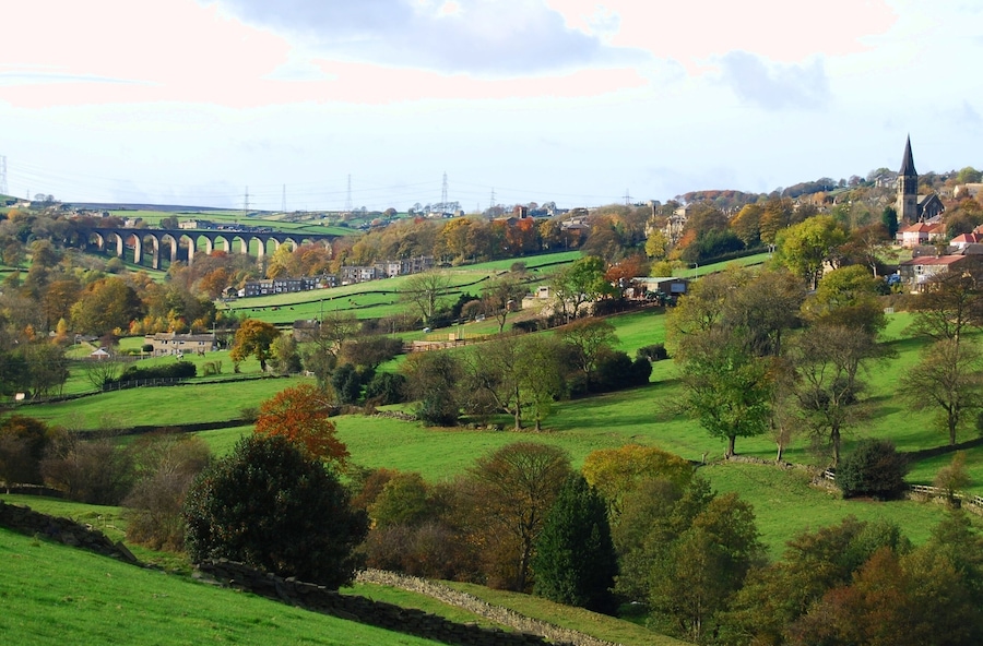 Thornton Church and Thornton Viaduct, from below Low Lane, Clayton.