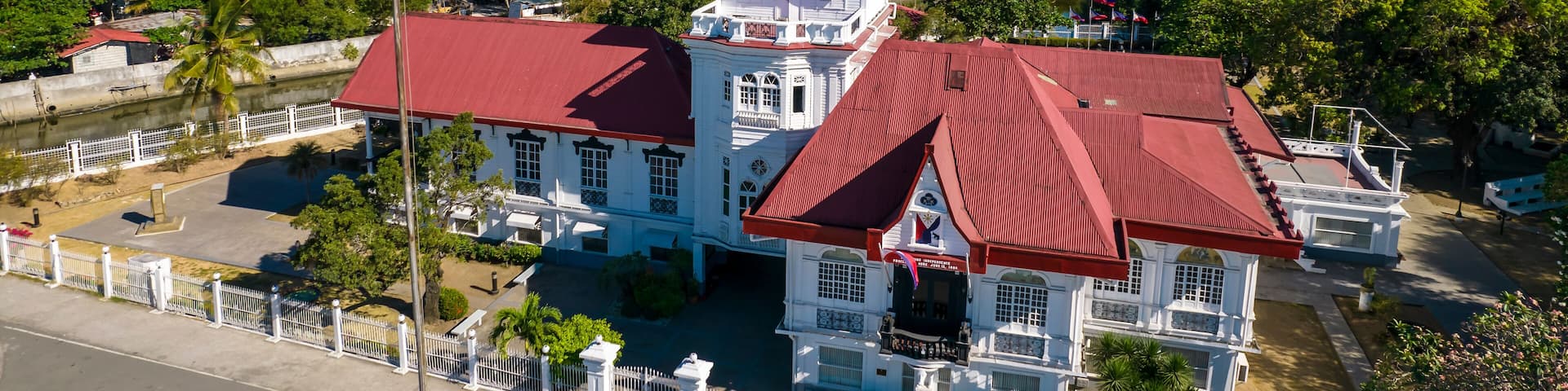 Kawit, Cavite, Philippines - Aerial of Emilio Aguinaldo Shrine and the Philippine Flag.