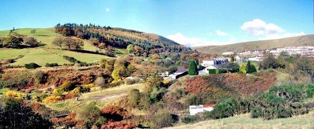 Abercerdin Forest - a panorama The area in the foreground was once a colliery which has now been reclaimed, part of Evanstown shows on the right of photo.It is a panorama made up of 2 photos