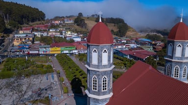 A town with two prominent church towers, a central church, and a hillside with residential buildings.
