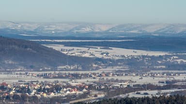 Panoramic view from the Ansberg near Ebensfeld to the north into the upper Main valley and the mountains of the Thuringian Forest.