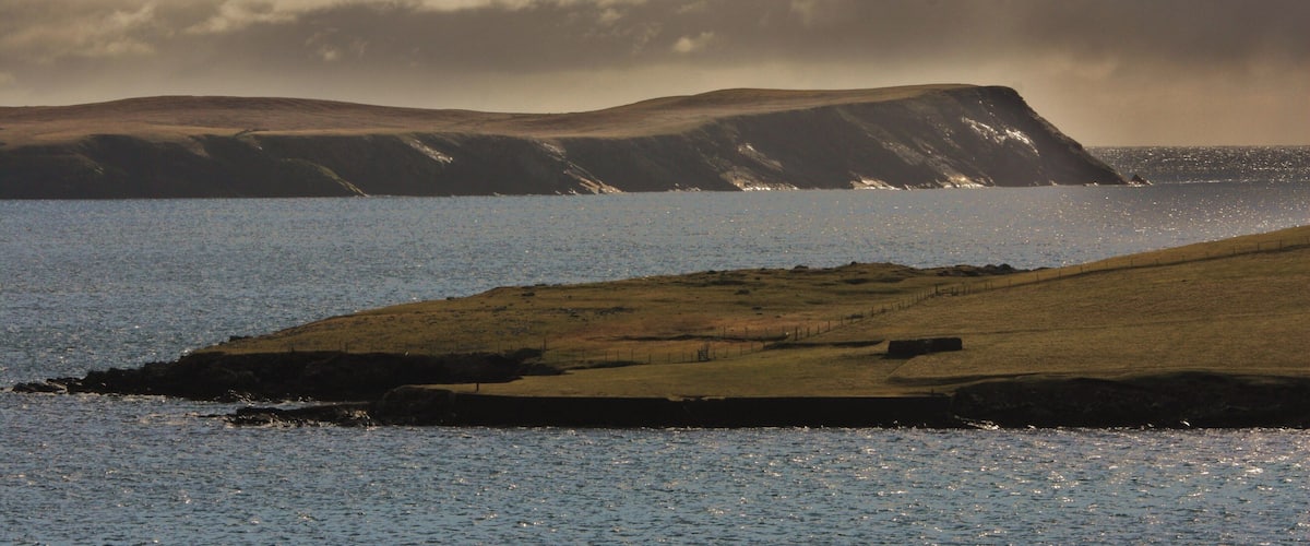 A coastal landscape with a grassy hill and a rocky cliff by the sea.