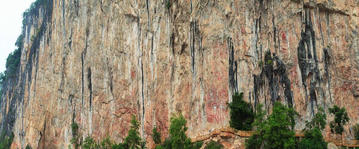 A large rock face with vertical striations and sparse vegetation at the base.