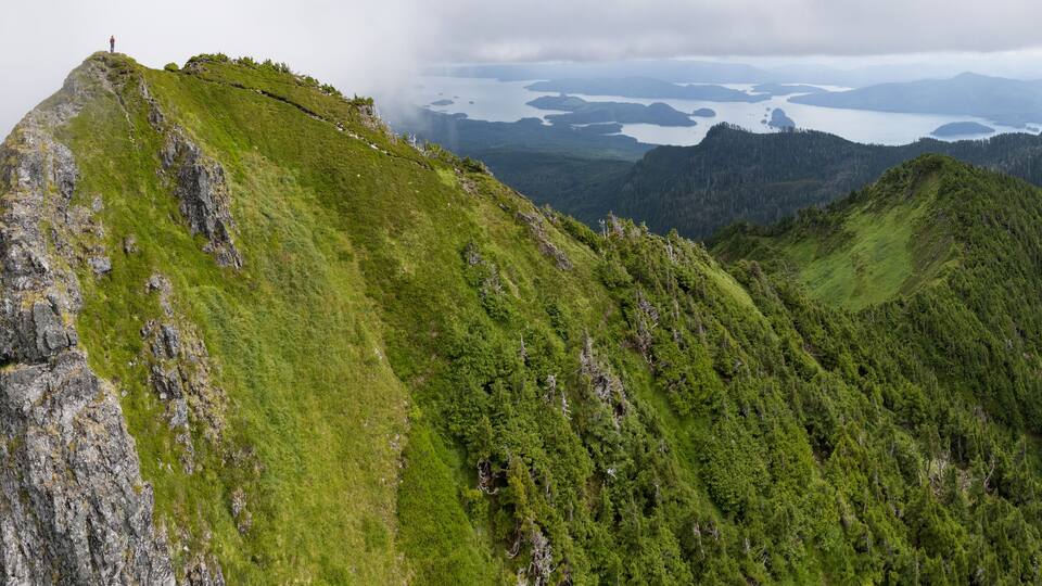 A mountain peak with a person standing at the top, surrounded by lush green forests and a lake in the background.