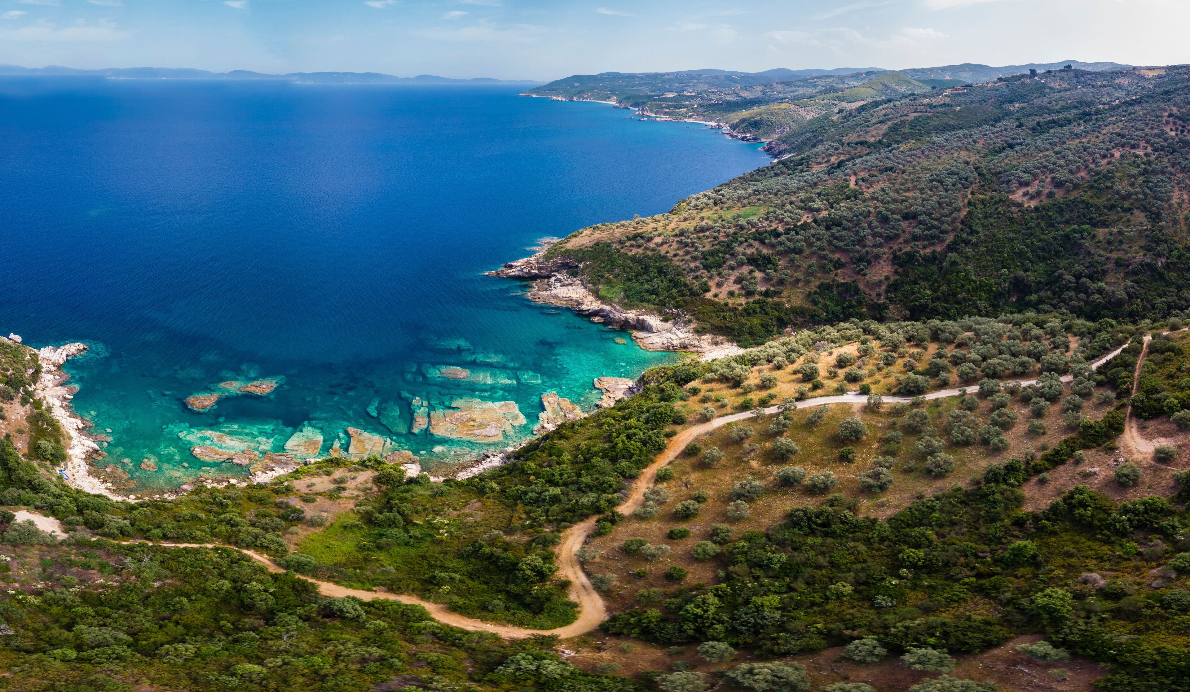 Greece, Pelion, Pagasetic Gulf, Sound of Trikeri, Region Volos, Aerial view of coast Pelion