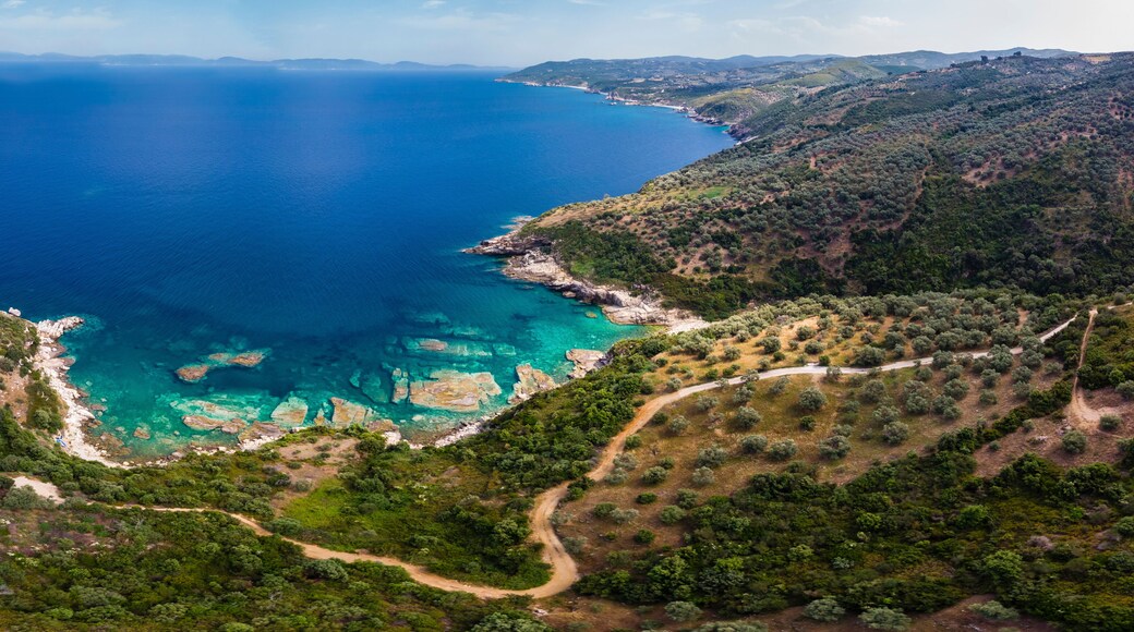 Greece, Pelion, Pagasetic Gulf, Sound of Trikeri, Region Volos, Aerial view of coast Pelion