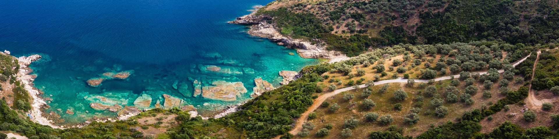 Greece, Pelion, Pagasetic Gulf, Sound of Trikeri, Region Volos, Aerial view of coast Pelion