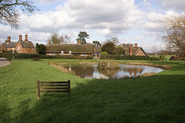 A grassy area with a pond, a bench, and traditional houses in the background.