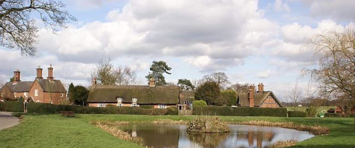 A grassy area with a pond, a bench, and traditional houses in the background.