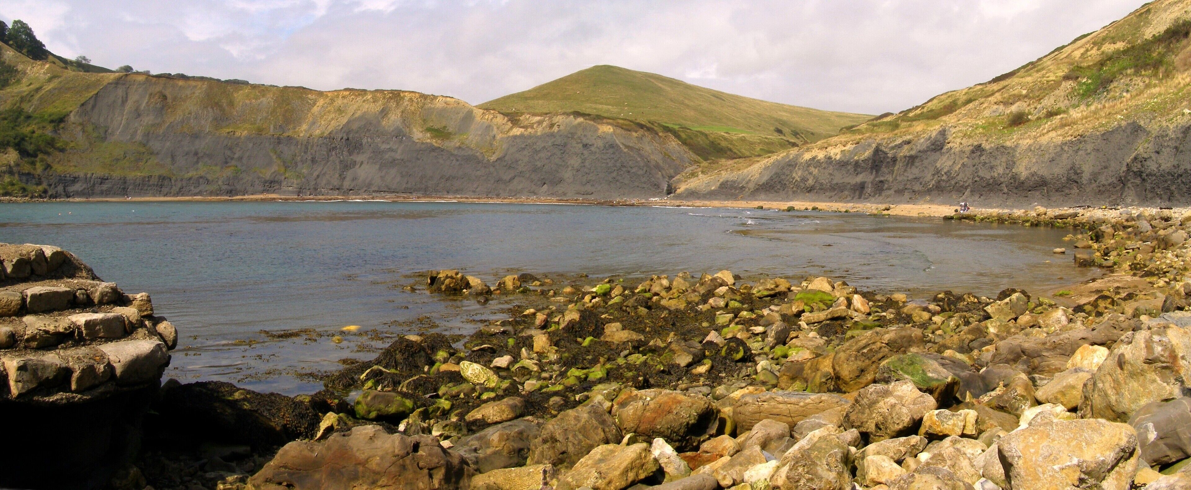 A rocky shoreline with a calm body of water, cliffs, and a grassy hill in the background.