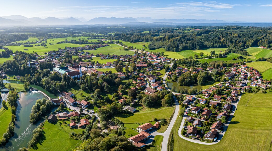 Beuerberg Bavaria. Alps Mountains in the back. Aerial Drone panorama