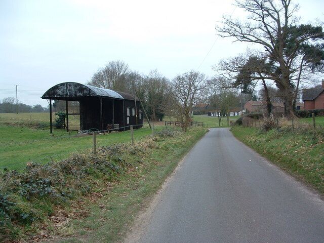 Field Barn And Lane Field barn and lane with Foxhall Hall on the right near to Kesgrave Suffolk.