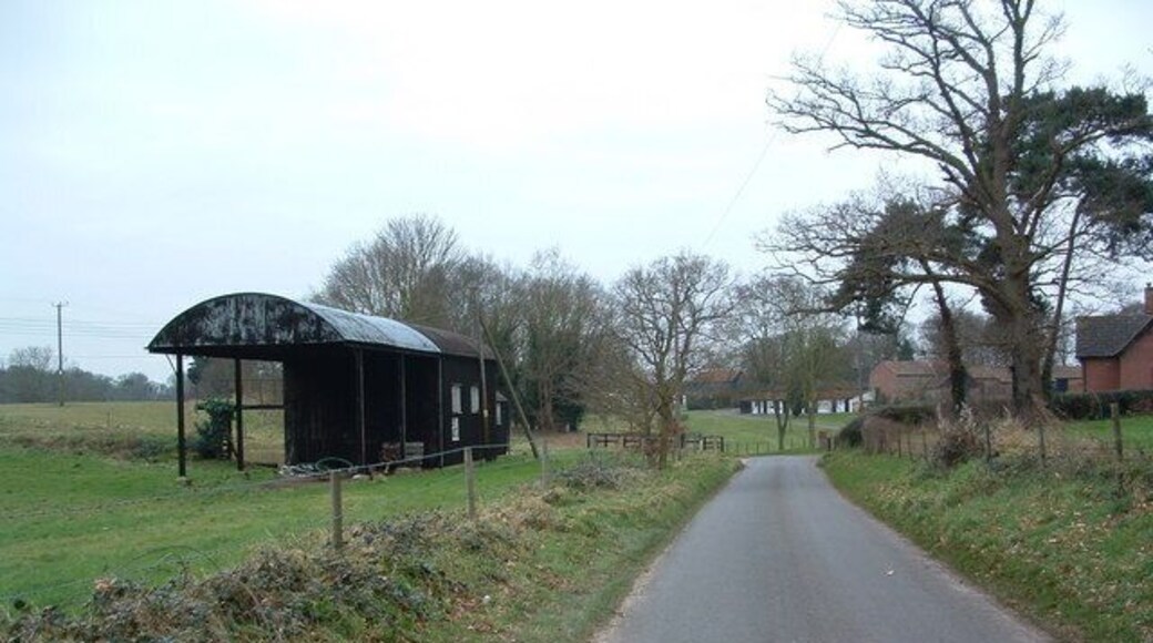 Field Barn And Lane Field barn and lane with Foxhall Hall on the right near to Kesgrave Suffolk.